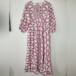 Karni Floral BoHo Cottagecore Maxi Dress Size Small White Pink Pockets